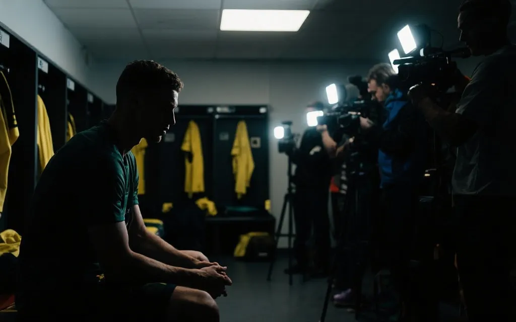 赛前更衣室氛围：球员沉思与媒体闪光灯对比